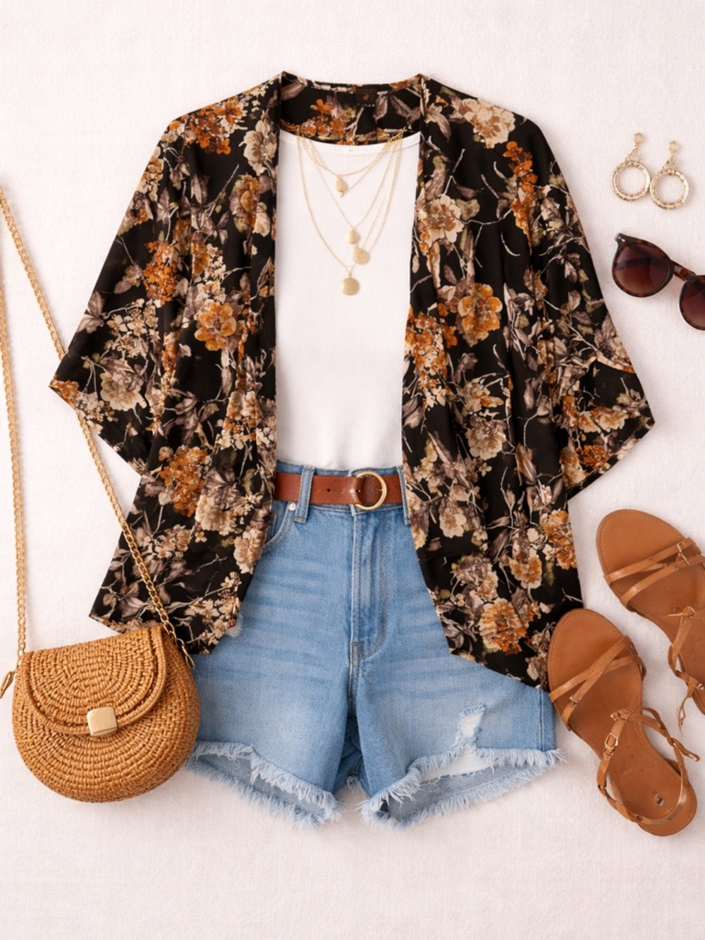 I Joah Open Front Kimono|Floral|Black|Brown M/L